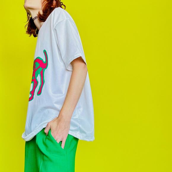 Modern White Unisex Jersey with Punk Neon Cat Graphic - Picture 2 of 6